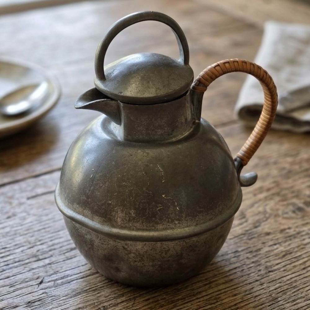 Queen Art Pewter Teapot 272 Vintage Wicker Handle Brooklyn NY MCM Hand Finished‎